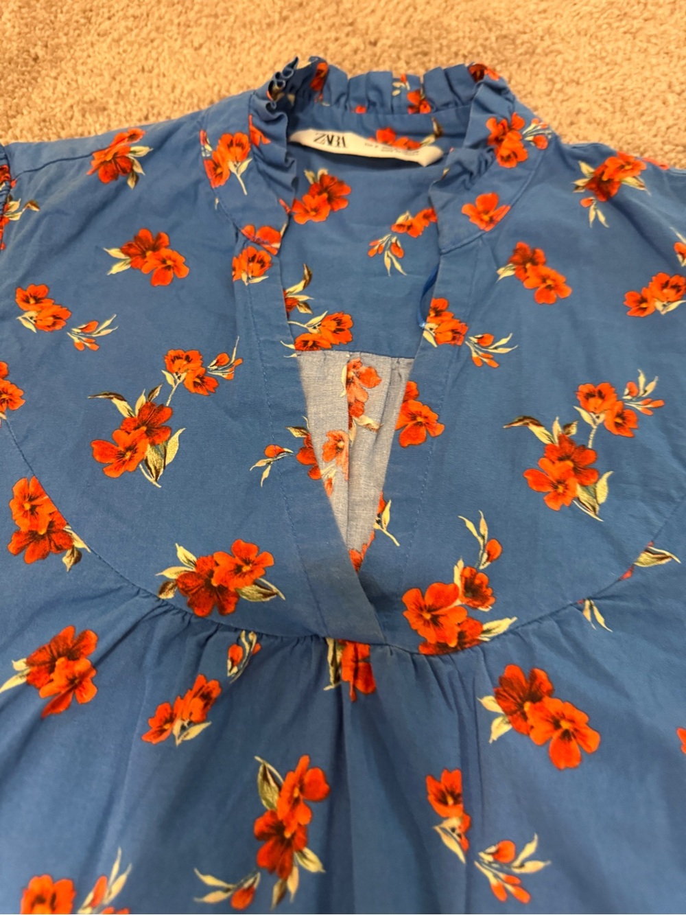 Zara Emma Blue Orange Floral Hibiscus V-Neck Long Sleeve Tunic Mini Dress Small - Picture 9 of 15